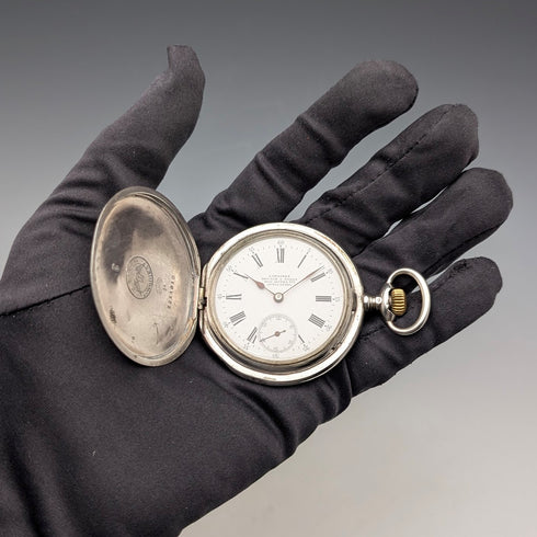 1908年頃 アンティーク ロンジン 懐中時計 フローラル彫刻 銀側ハンターケース 動作良好
